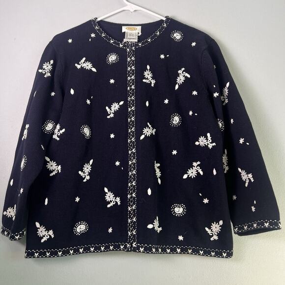 Talbots Sweaters - Vintage Talbots Women Cotton Knit Embroidered Full Zip Sweater Floral Sz L Black
